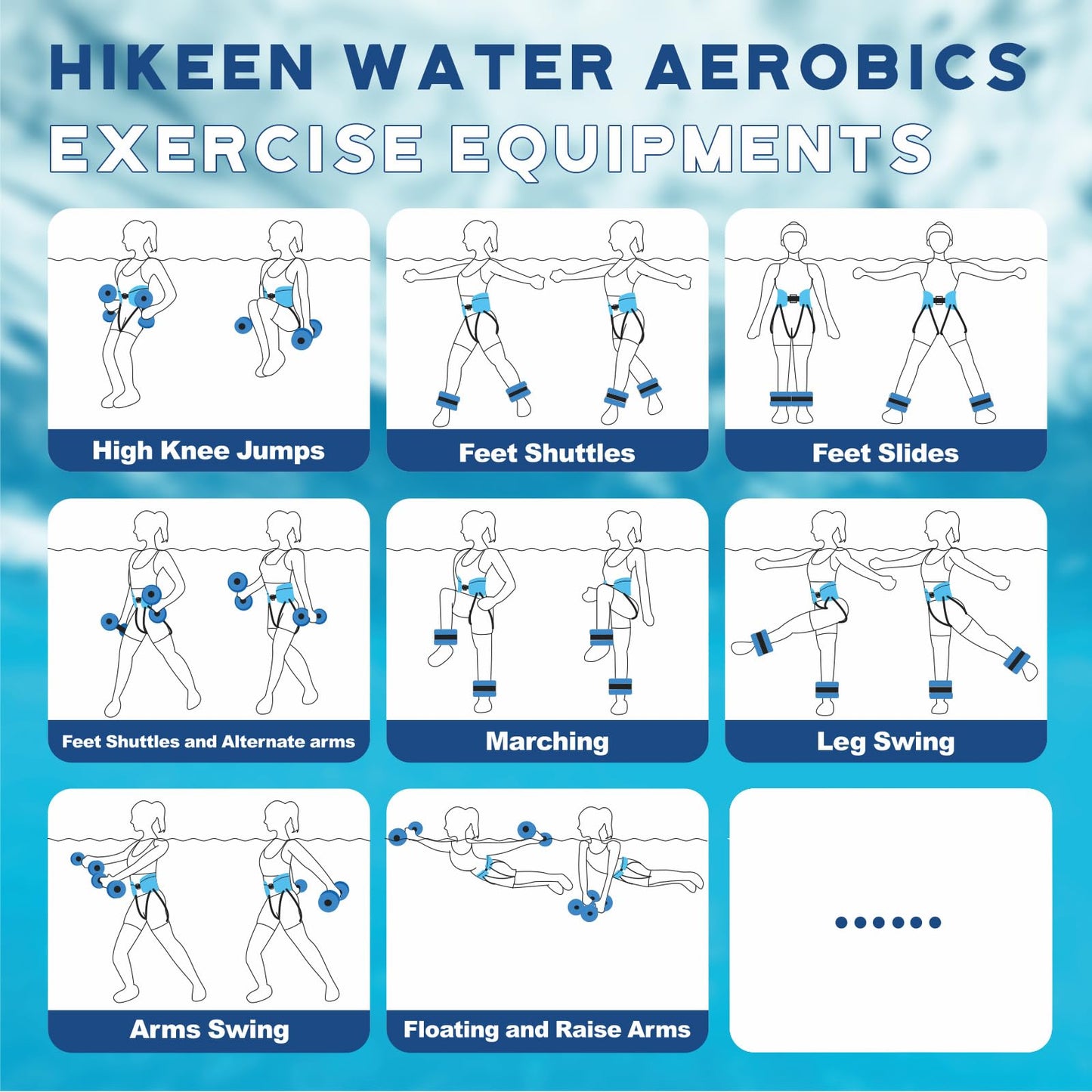 Hikeen 6-Piece Water Aerobics Pool Exercise Equipment, Aqua Aerobics Equipment Set,Includes High Density Water Dumbbell Aqua Belt and Ankle Weights for Aquatic Therapy,Pool Fitness