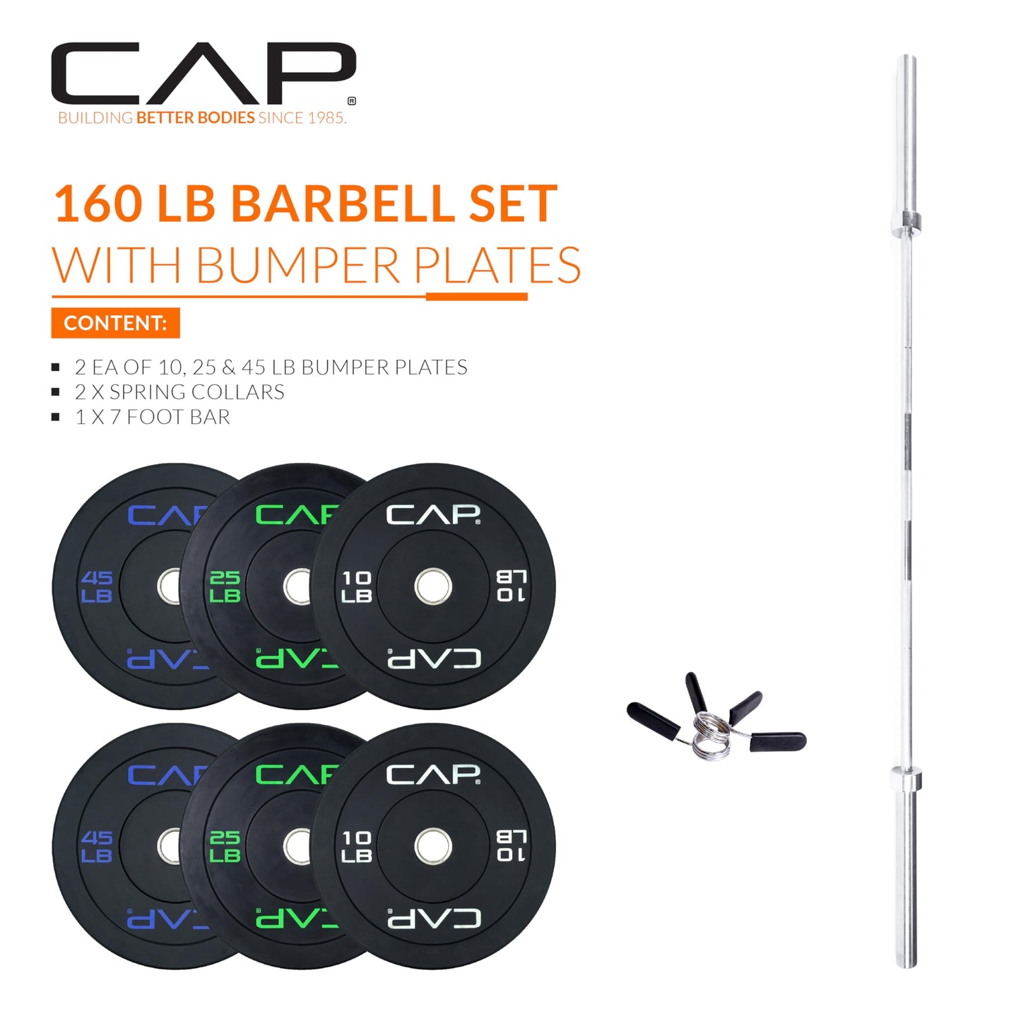CAP Barbell 160 lb Economy Olympic Weight Set with 7ft Chrome Barbell & Black Bumper Plates with Color Logo