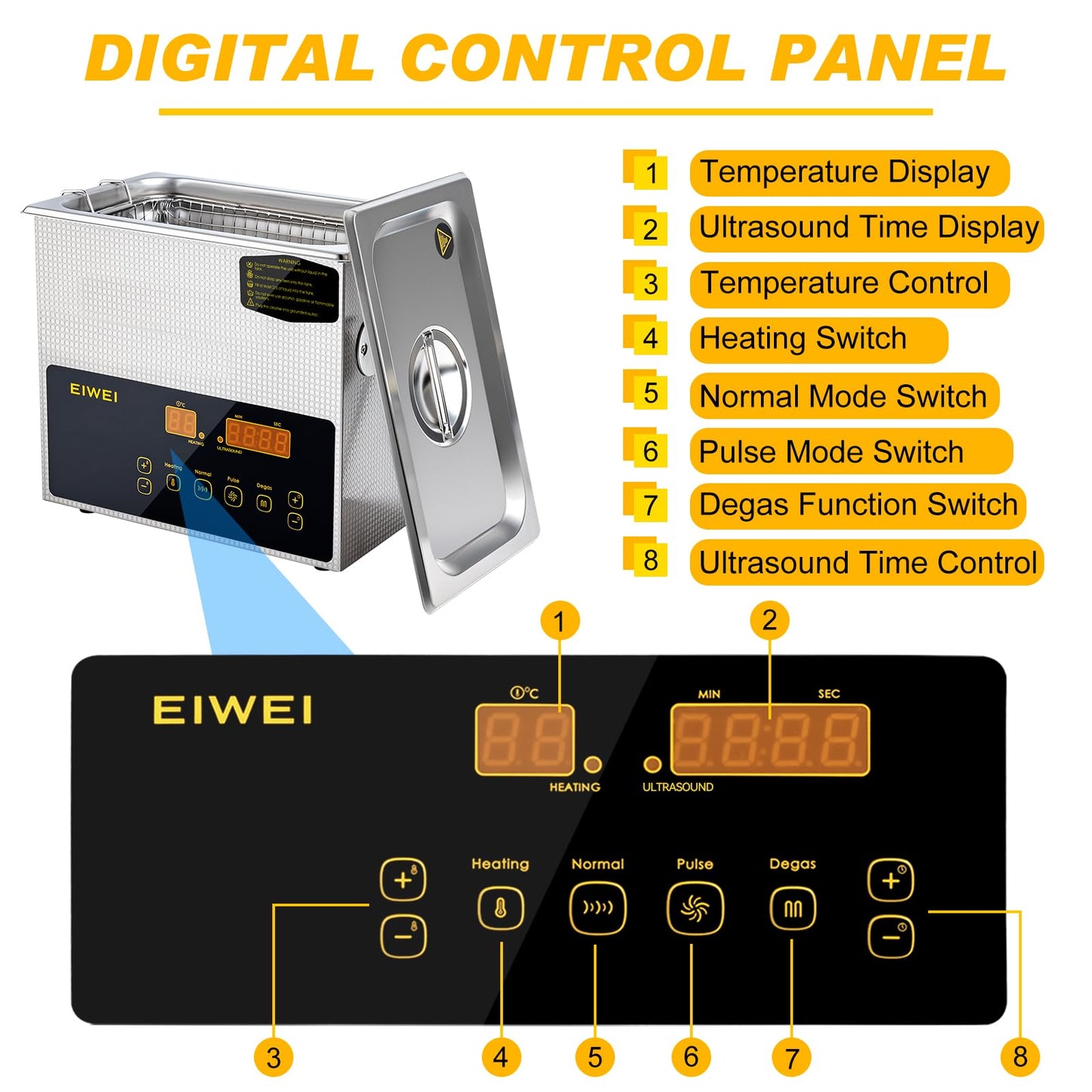 EIWEI 3L Ultrasonic Cleaner Dual-Frequency Professional Digital Stainless Steel Cleaning Machine with Heater Timer for Carburetor, Parts, Circuit Board, Glasses, Denture, Jewelry