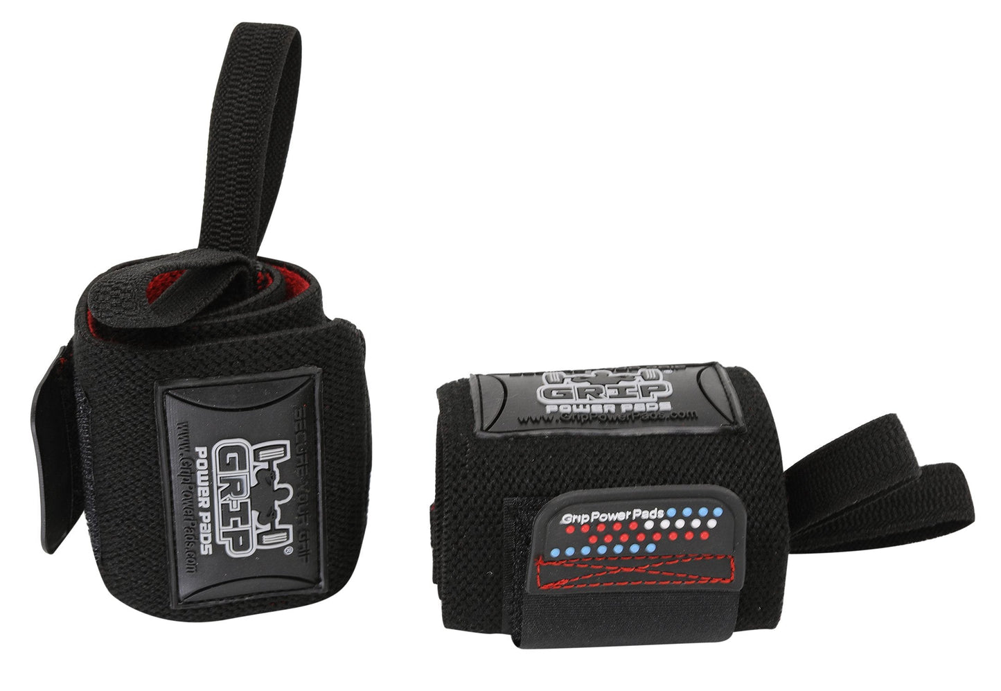 Grip Power Pads Deluxe Wrist Wraps 13" Long (1 Pair /2 Wraps) for Weight Lifting Wrist Support Cotton Wraps Gym Bandage Straps for Men & Women - Premium Quality & PRO Rubber (Black/Red, 18" Inches)