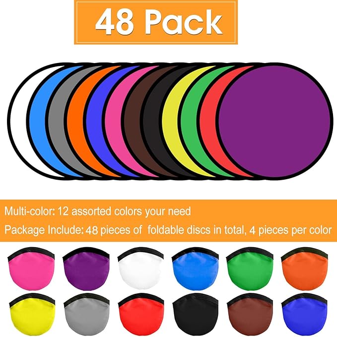 Mototo 48 Pieces Foldable Flying Disc Fans with Bag Folding Pocket Toy Set for Kids Fun Birthday Party Favors Summer Outdoor Activity Game Halloween Christmas, 12 Colors