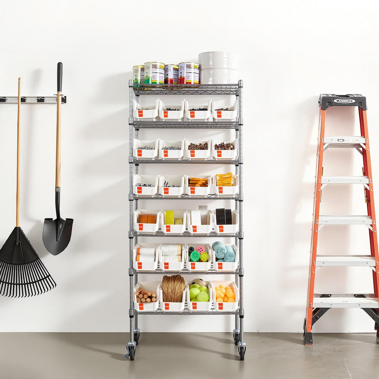 VEVOR 7-Tier Rolling Bin Storage Rack, 24 Small Bins, Bin Rack Storage Steel Wire Shelving System with Wheels, Mobile Tool Organizer for Garage, Warehouse, Office, Restaurant, Classroom, Kitchen