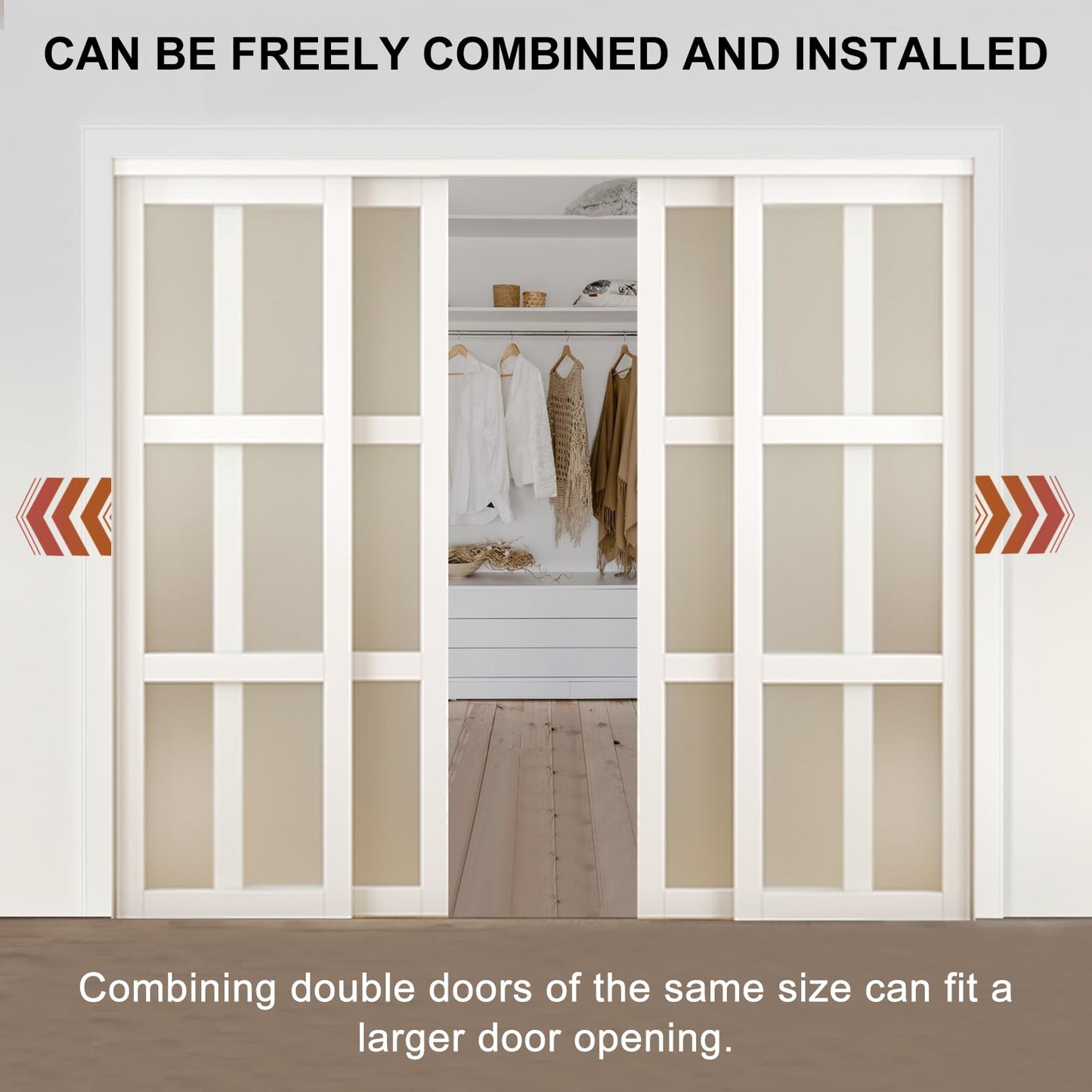 ARKHJEM Double Sliding Closet Door, 96" × 80"(Double 48" × 80"), Double Frosted 3 Panel Glass Sliding Door, Hardware Include, Pre-Drilled Panel Need to Assemble, MDF, White