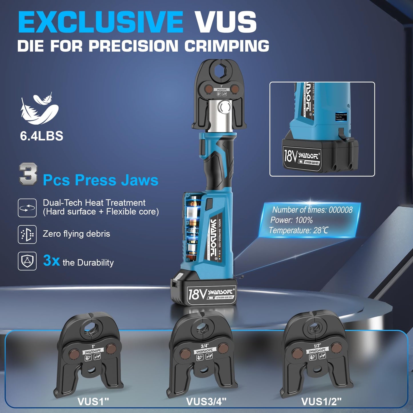 SWANSOFT Pro Press Tool, 18V 4Ah Battery Electric Hydraulic Crimping Tool for Copper Pipes with 3 US Compact VUS 1/2", 3/4'', 1",Jaws Pro Press Copper Plumbing Crimper Tool Kit (SWPR-1525B)