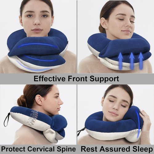 BUYUE Travel Neck Pillow - 360° Head Support for Comfortable Long Flights | Skin-Friendly, Navy, Adult Set with Eye Mask & Earplugs