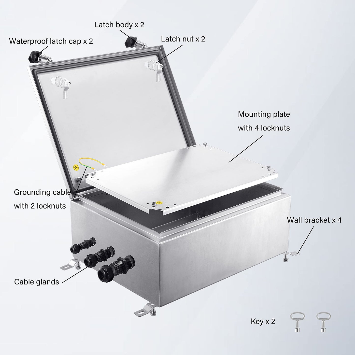 Ordentlich IP65 Weatherproof Stainless Steel Box Wall-Mounted Electronic Equipment Enclosure Box with Mounting Plate and Wall Bracket (20'' x 16'' x 8'')
