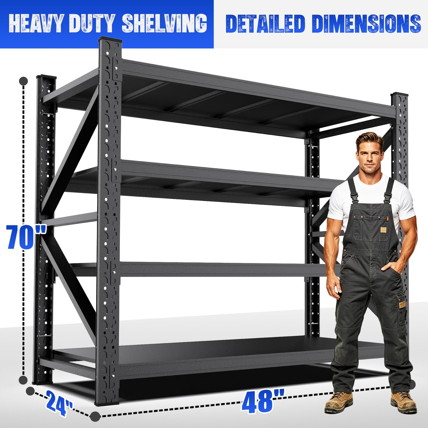 LBVSKK Heavy Duty Shelving,7000LBS Garage Shelving,4 Tier Adjustable Metal Storage Shelves for Garage Warehouse Basement, 70" H*48" W*24" D,Black