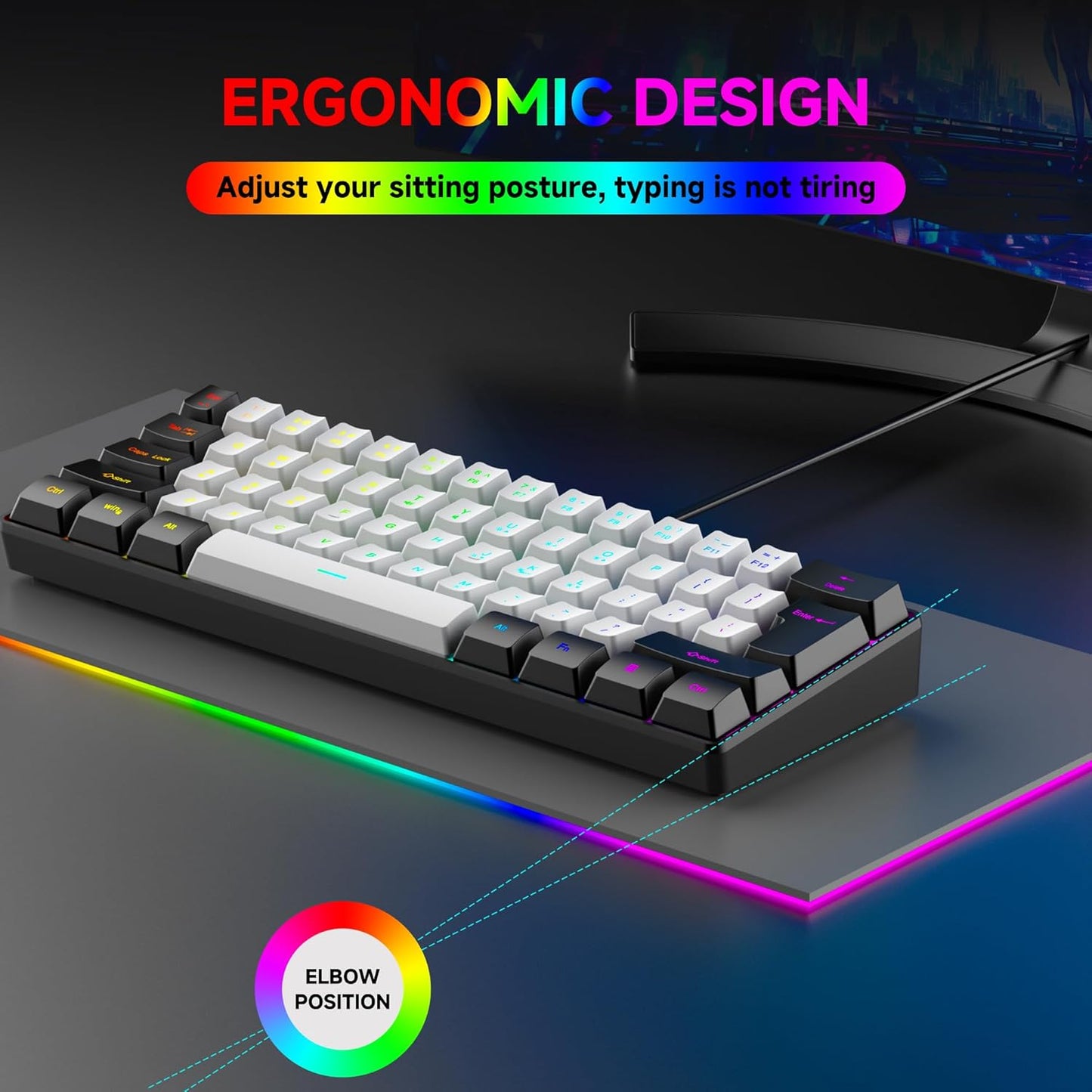 REBOCOON 61-Key 60% 8-Color 10/8/7) Compact RGB Gaming Keyboard Layout, Ergonomic Membrane Keys, Backlight, Plug & Play