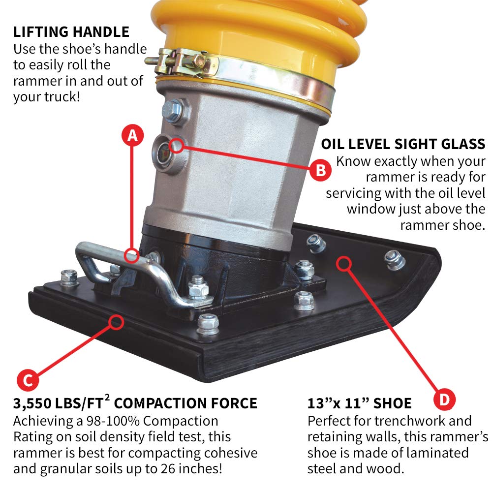 Tomahawk 4 HP Honda Vibratory Rammer Jumping Jack Tamper with Honda GX120R Engine Compaction Force 3,550 lbs. per Square ft (TR68H Rammer)