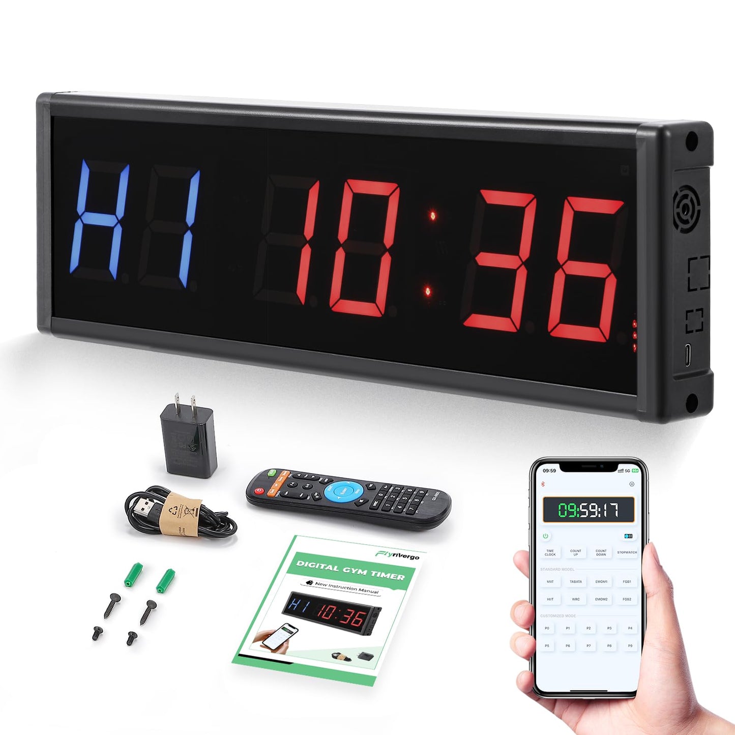 Flyrivergo 15'' Bluetooth Gym Timer Clock for Home Gym Digital Display Gym Clock Stopwatch Interval Workout Timer Adjustable Buzzer Volume with Remote and APP Control for Sport Boxing Fitness Kitchen