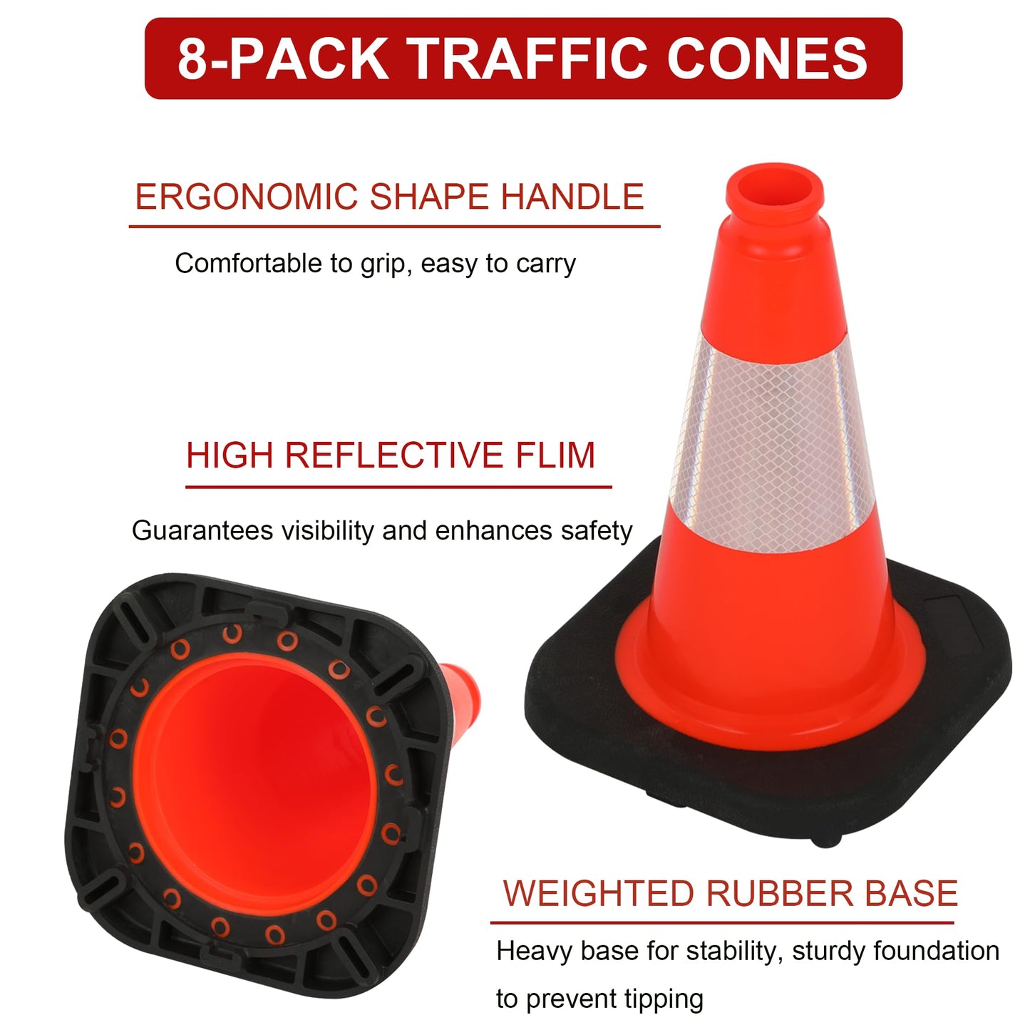 OrangeStar 8 Pack 12" Orange Traffic Safety Cones, PVC Parking Construction Cones w/Reflective Collar, Heavy Duty Base for Driving Practice, Parking Lots and Roadwork