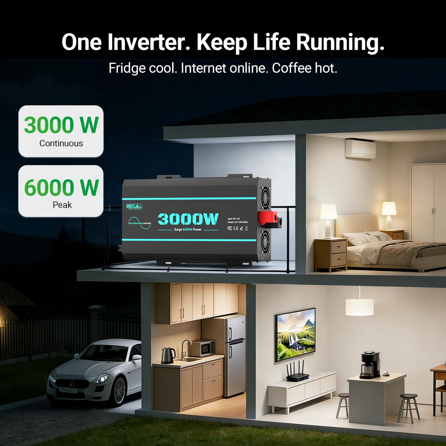 HQST 3000W Pure Sine Wave Inverter 12V DC to 110V AC Converter, w/ 6000W Peak, GFCI Protection, 4X AC Sockets, Hardwire Port, Remote, Solar Power Inverters for Vehicles, Camping, RVs, Home, Off Grid