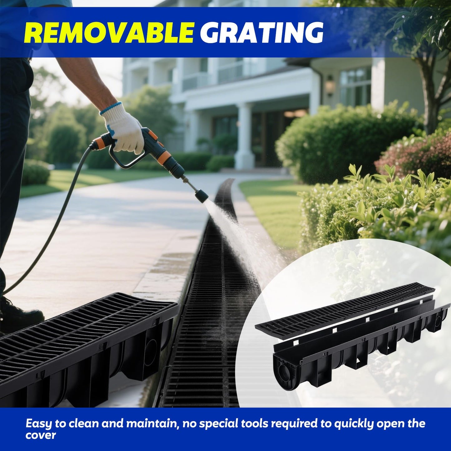 Dollate Trench Drain System 5 Pack of 5.9x7.5 Inch HDPE Drainage Trench with 5x39 Drain Grate Ideal for Garden, Driveway Easy Install & Durable Drainage Channel
