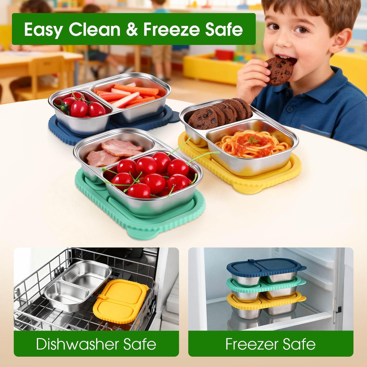snuggery 3 pack Stainless Steel Snack Container with Lid – 2 Compartment Reusable Leakproof Snack Box for Kids and Adults, Dishwasher & Freezer Safe, Ideal for Travel, School, Meal Prep