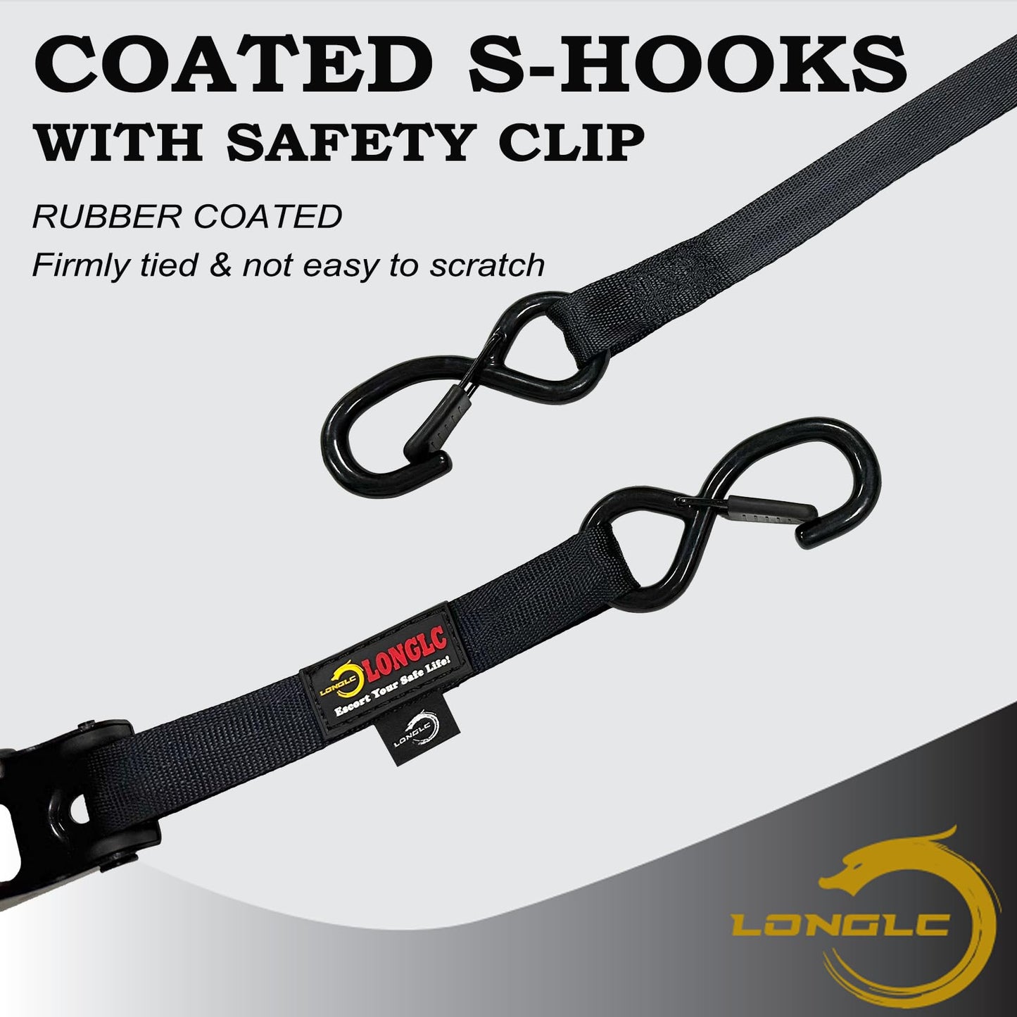 LONGLC 4-Pack Retractable Ratchet Straps Black Heavy Duty - 1 Inch X 10Feet with Soft Loops, 2,000lbs Breaking Strength - Best for Trucks, Cargo Trailer, Motorcycle, Tie Down Straps Ratchet