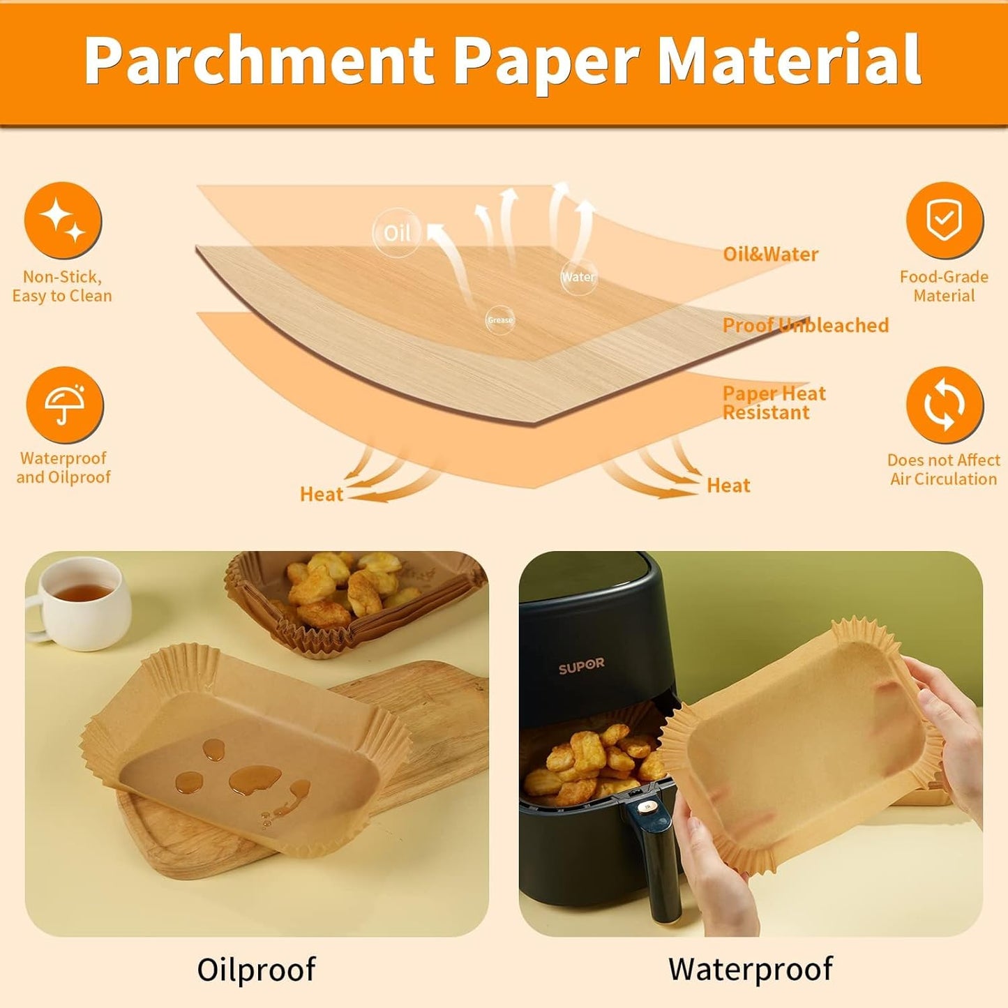 Ninja Air Fryer Disposable Paper Liners - 100PC Rectangle 8.6x5.5'' Baking Parchment Inserts