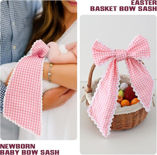 DYSHAYEN Wreath Sash - Canvas RIC Rac Trim for Front Door | Pink Gingham with White Trim