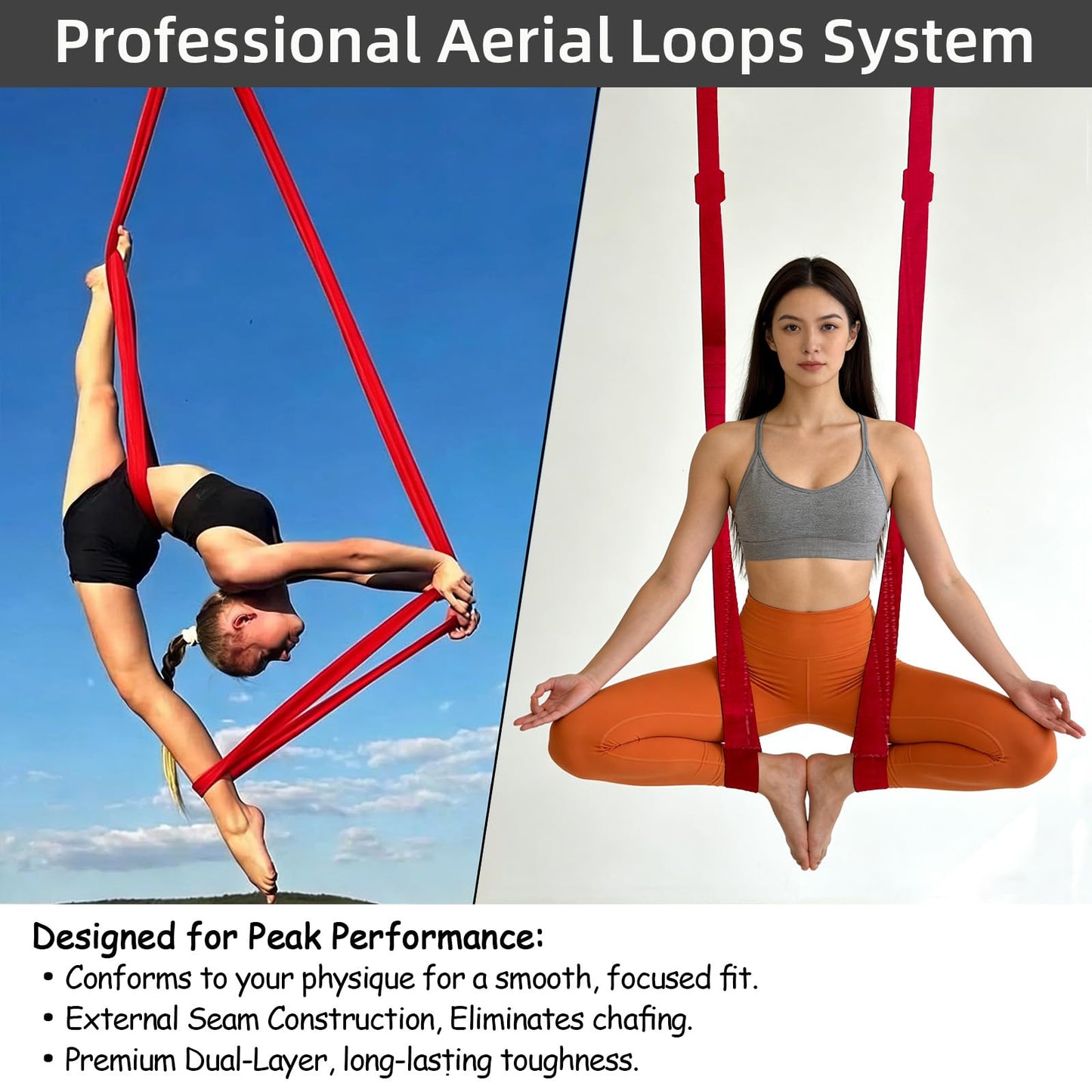 PRIOR FITNESS Aerial Loops Kit, Premium Red Circus Loops w/SGS Certificate, 2.75m/9ft Round Ropes (Pair) for Aerial Gymnastics, Circus Artists, Trapeze & Acrobatics with Wrist Lockers & Carabiners