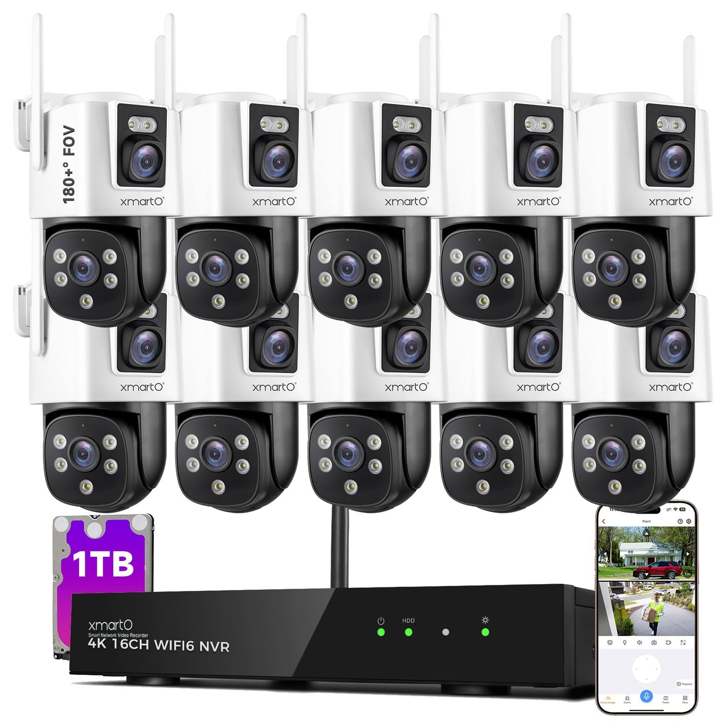 XMARTO [10 Dual-Lens Camera Bundle] 20-View Long Range WiFi6 Mesh Security System, 16CH 4K Dual Band NVR, 4MP 180°+Static FOV & 360°PTZ AI Tracking, 24/7 Plug-in Surveillance, 1TB HDD, No Monthly Fee