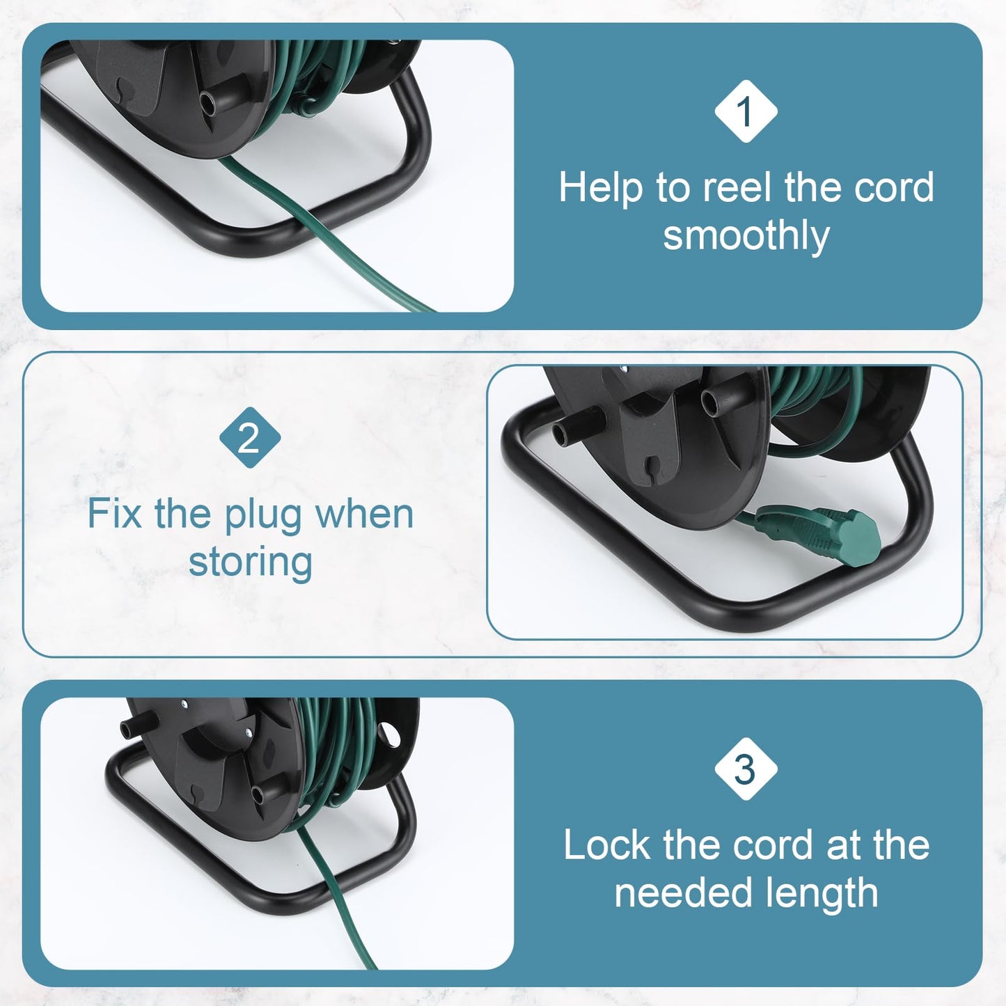 Yaocom Extension Cord Storage Reel with Metal Stand Black Cable Reel Holds up 500 Feet of 6 mm Cable/Cord/Hose Heavy Duty Open Roller Holder, Easy to Grip Handles