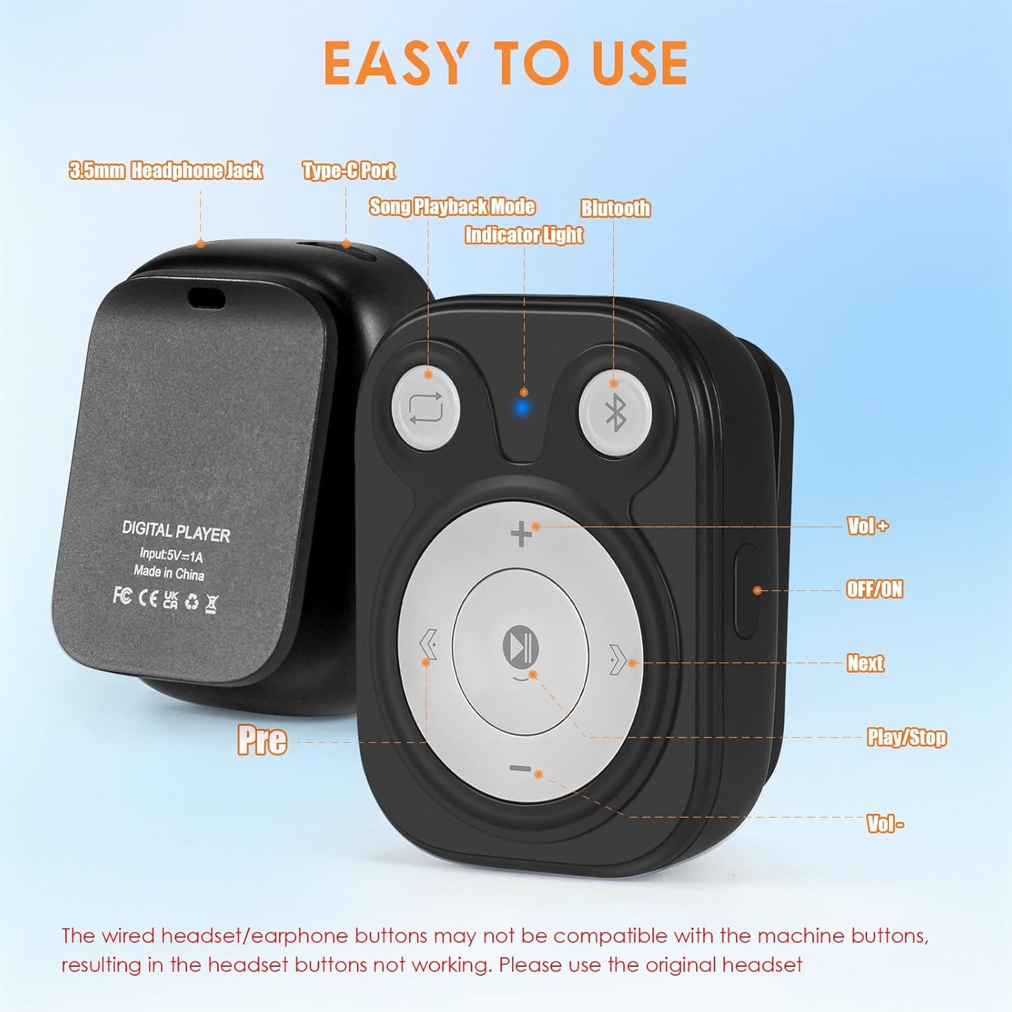 rgjzkgn 64GB MP3 5.3: 15 1000+ MP3 Clip Player with Bluetooth Hrs Battery Mini Music Player, Earphones Included, Songs