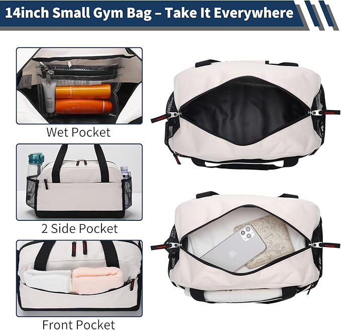 Small Gym Bag with Wet Pocket - 14 inch Mini Duffle Bag for Men & Women Lightweight Carry On Bag for Travel Sport - Beige
