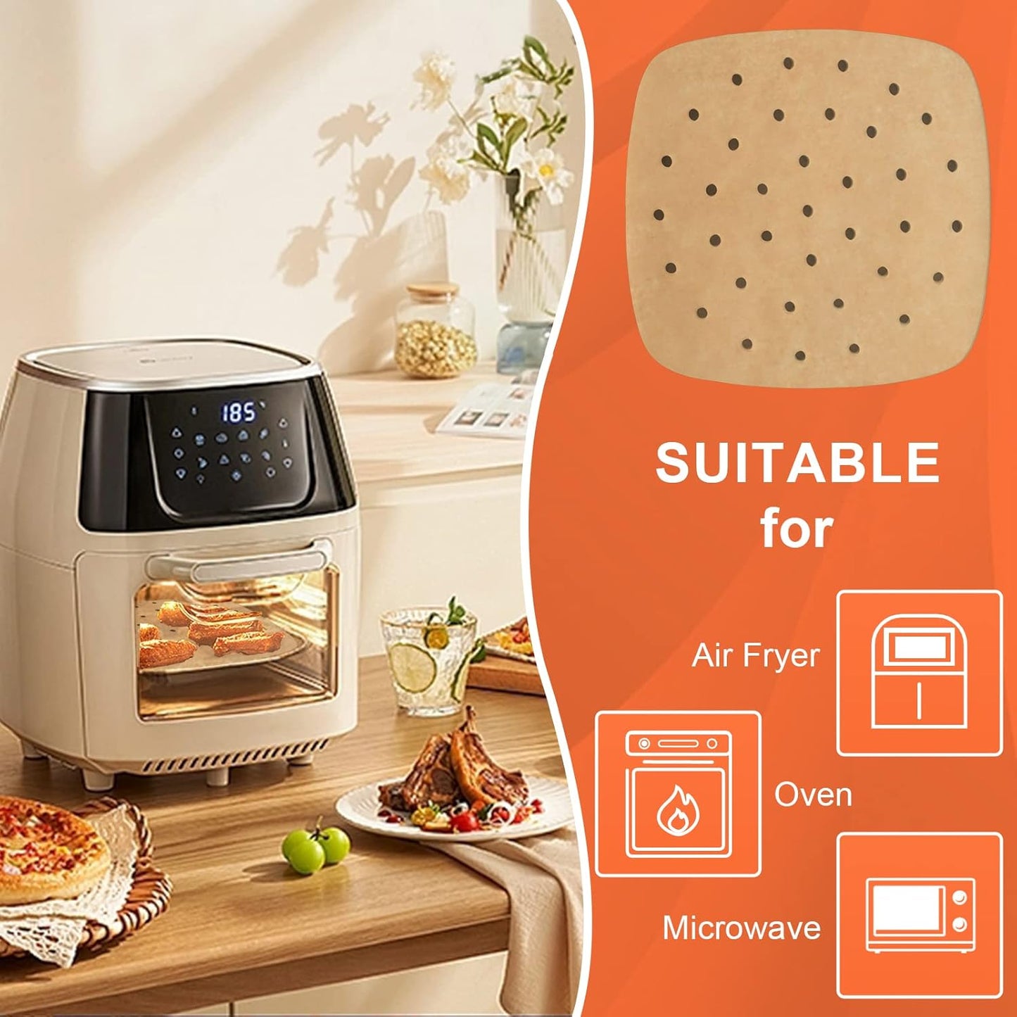 Numola 100 Pcs Air Fryer Liners - 9 Inch Perforated Parchment Paper for Non-Stick Baking & Steaming