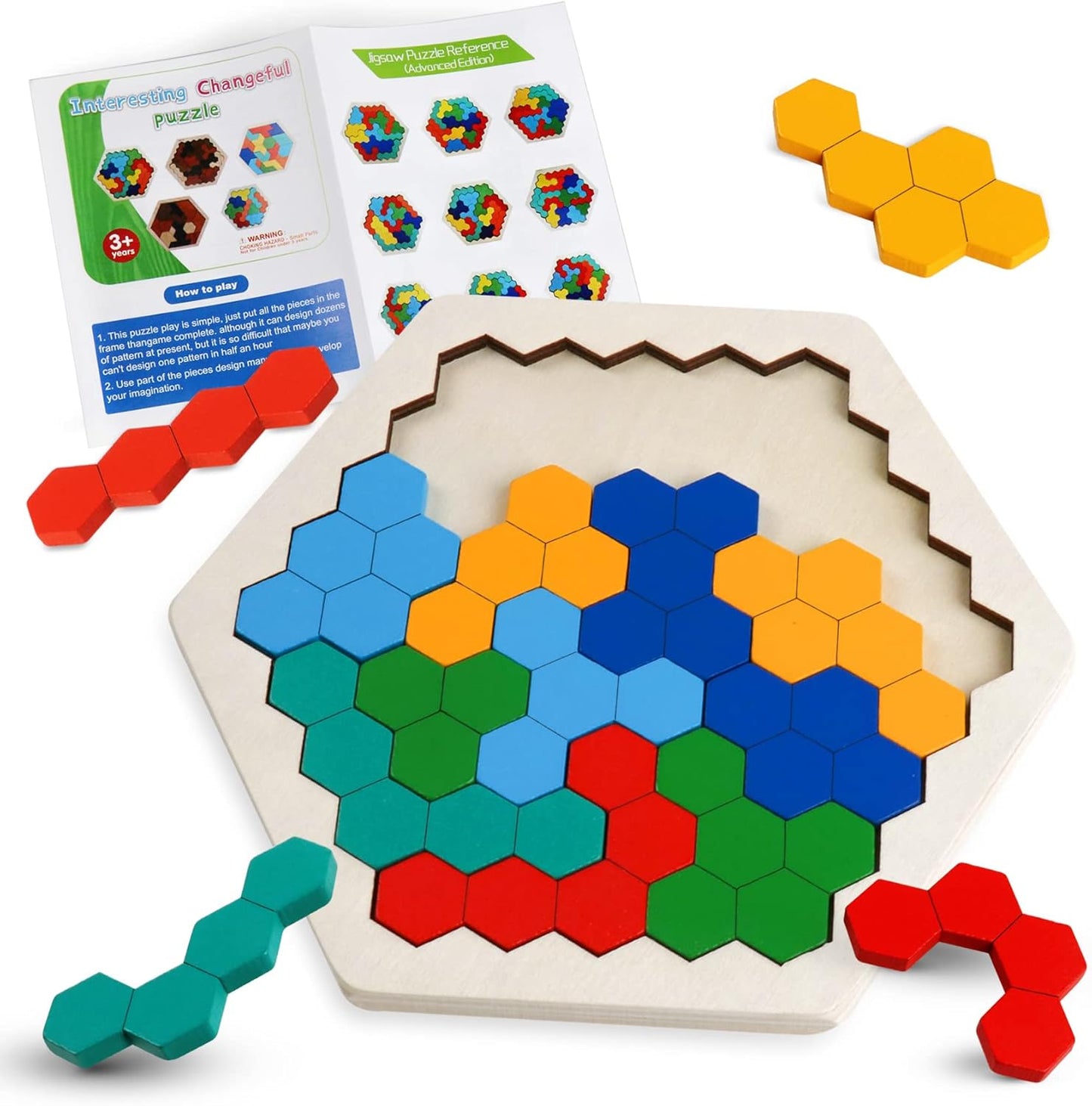 Skrtuan Wooden Blocks Puzzle - Hexagon Brain Teaser for Kids & Adults | STEM Montessori Educational Toy