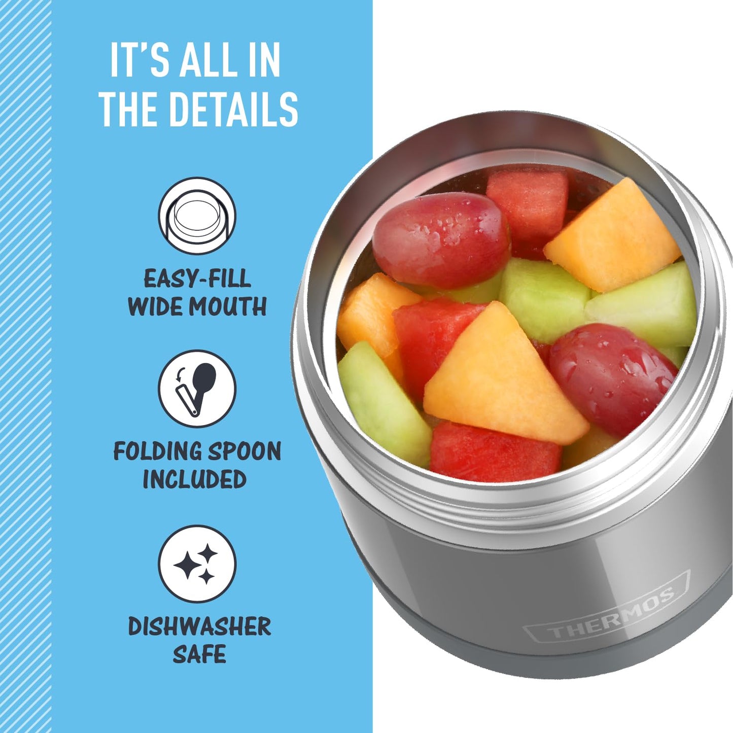 THERMOS FUNTAINER Insulated Food Jar, 10 Ounce, Kid Friendly Food Jar with Foldable Spoon, Gray