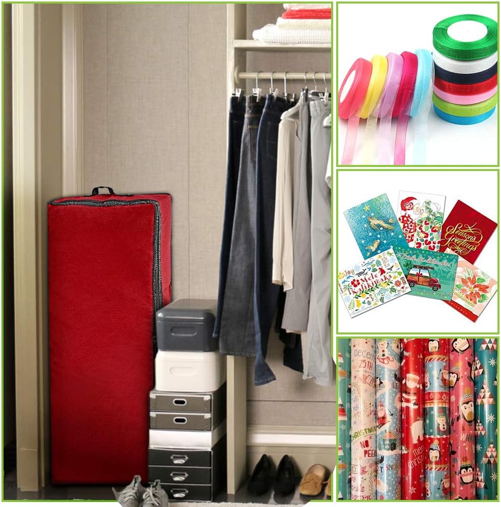 Primode Wrapping Paper Storage Container - Gift Wrap Organizer Under Bed | Fits 18-24 Rolls Up to 40” | 600D Oxford | Red with Pockets for Ribbons and Bows