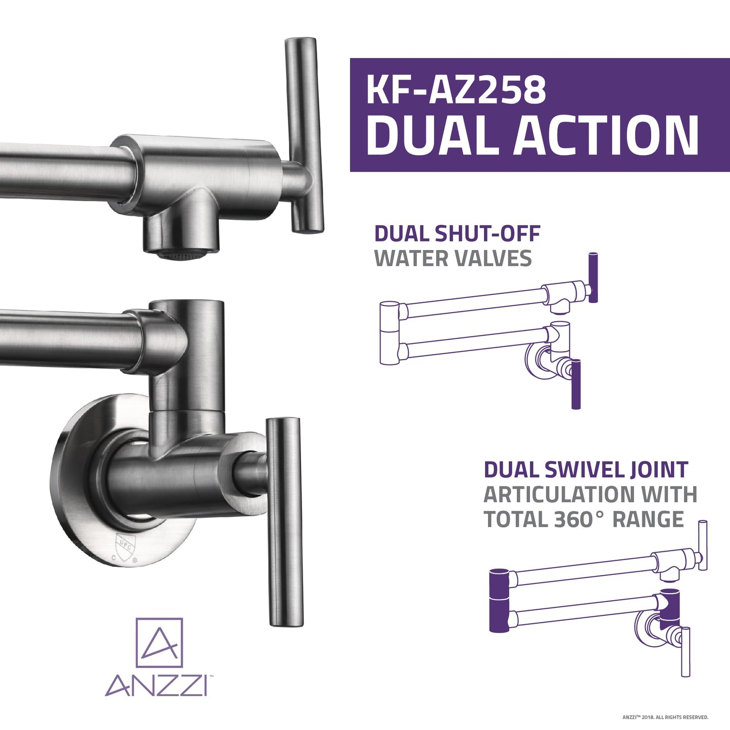 ANZZI 24-Inch Wall Mounted Pot Filler in Brushed Nickel | 24-Reach Spout Solid Brass Two Handle Dual Shut-Off Valve Double Joint Swing Arm Wall Mount Kitchen Folding Faucet | KF-AZ258BN