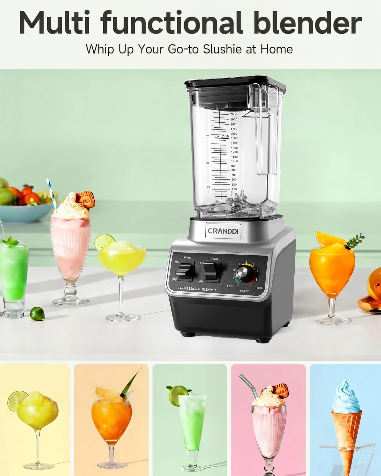 CRANDDI Professional Smoothie Blender, 80oz Countertop Blenders for Smoothies, Shakes & Ice Crushing, 1500W Compact Commercial Kitchen Blender with Stainless Steel Blade, 120V, K96