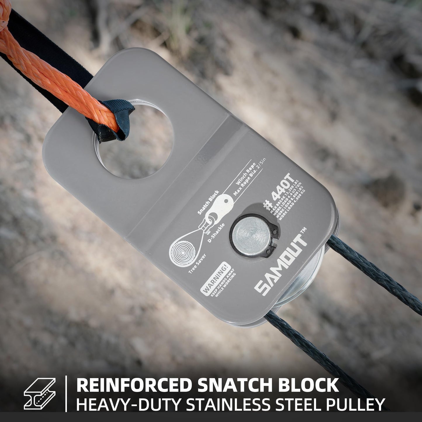 SAMOUT Winch Snatch Block (4.4 US Ton WLL) Recovery Towing Pulley System for Synthetic Rope or Steel Cable with Max Dia. 2/5in