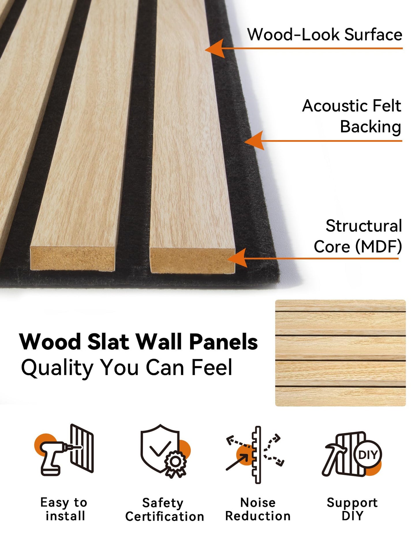 Upick Acoustic Wood Slat Wall Panels 93" x 12" Oak for Interior Decor - Sound Absorbing Accent Wall, Easy DIY Install, 4 Pack