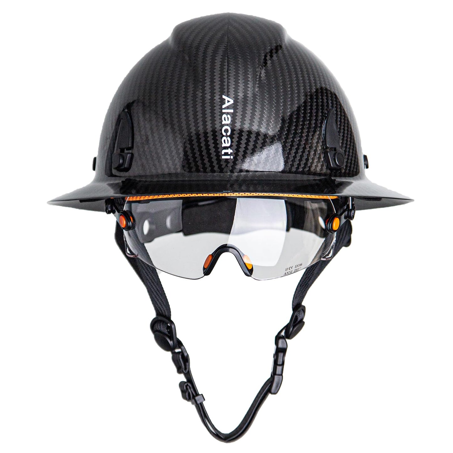 Alacati, Carbon Fiber Hard Hat Full Brim with Goggles- Safety Helmet with 6-Point Adjustable Ratchet Suspension- ANSI Z89.1 Compliant (Black)