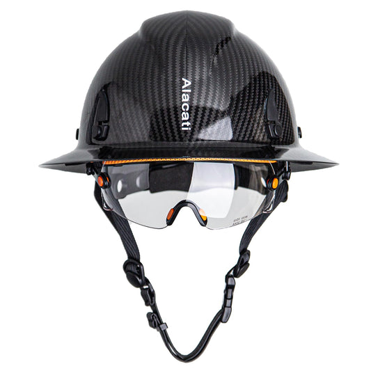 Alacati, Carbon Fiber Hard Hat Full Brim with Goggles- Safety Helmet with 6-Point Adjustable Ratchet Suspension- ANSI Z89.1 Compliant (Black)