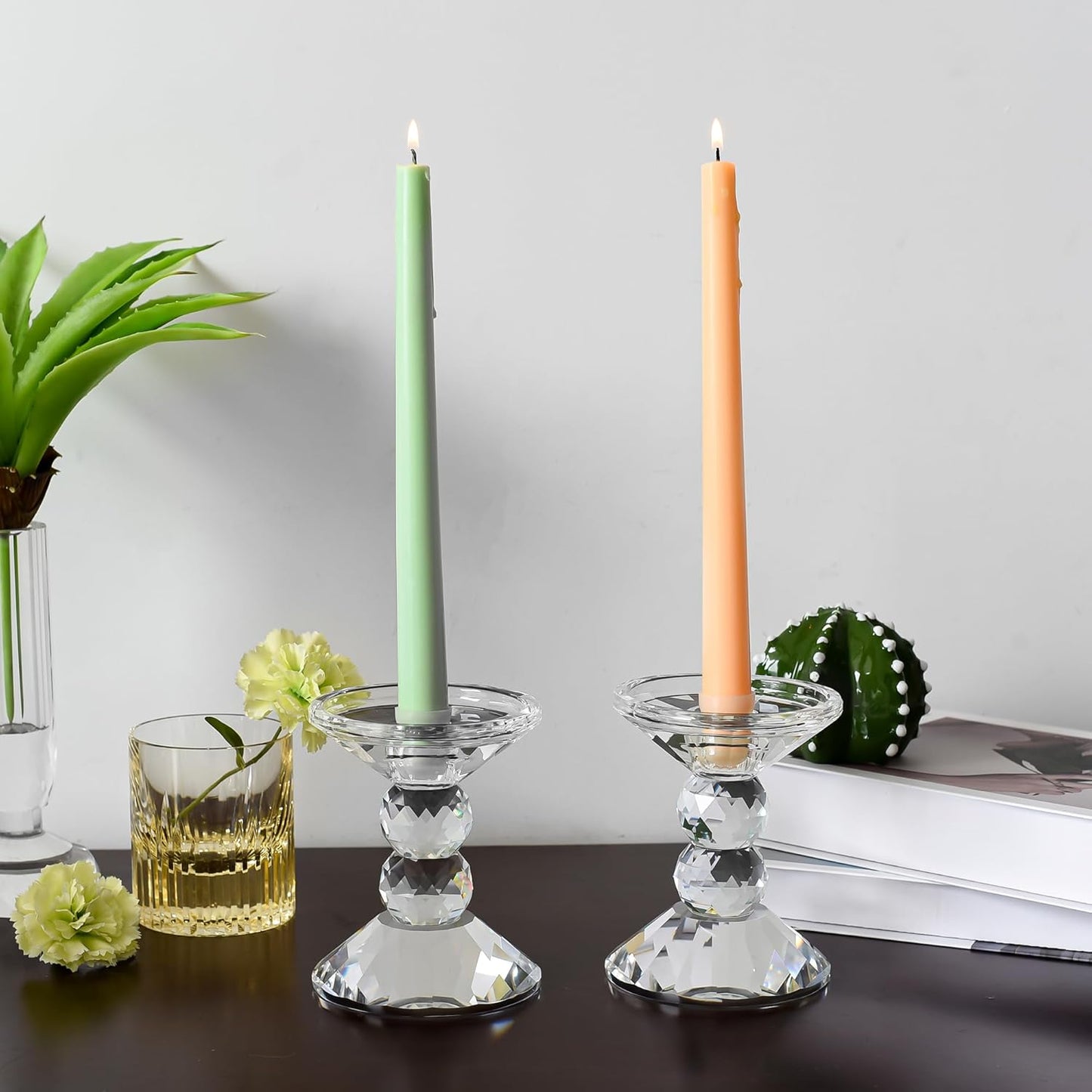 Skiennix Crystal Candle Holders - Elegant Clear Taper & Pillar Candlesticks | 4.9in Tall, Perfect for Weddings & Dining Decor