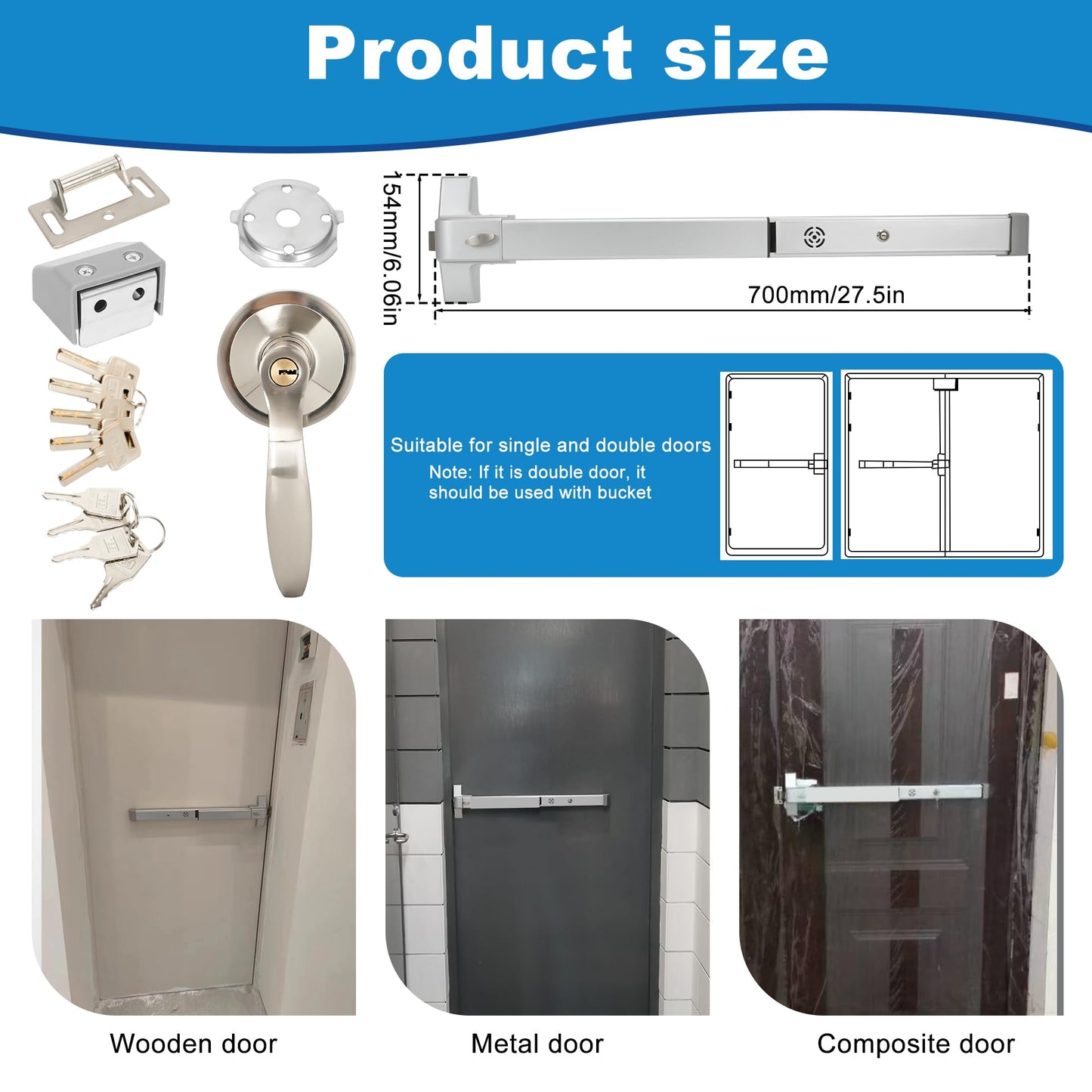 suermany Commercial Door Push Bar Panic Exit Device with Exterior Lever， with Alarm, 27.5” Stainless Steel Panic Bars for Exit Doors, Panic Bar Emergency Door Hardware for Wood Metal Doors