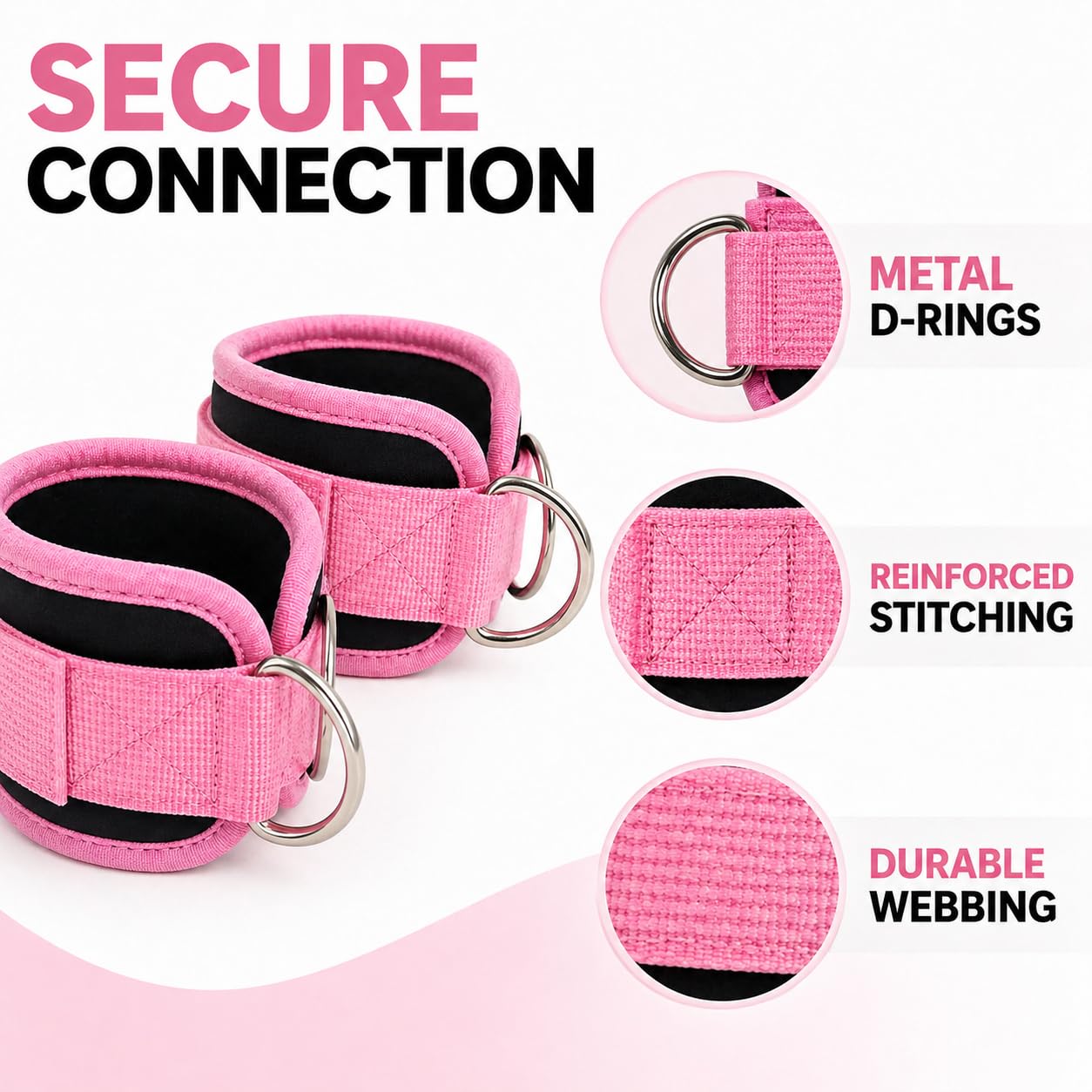 Ankle Straps for Cable Machines, Pair of Padded Neoprene Ankle Cuffs with Metal D-Rings, Adjustable Resistance Band Attachment for Glute Kickbacks, Leg and Hip Workouts(Black)