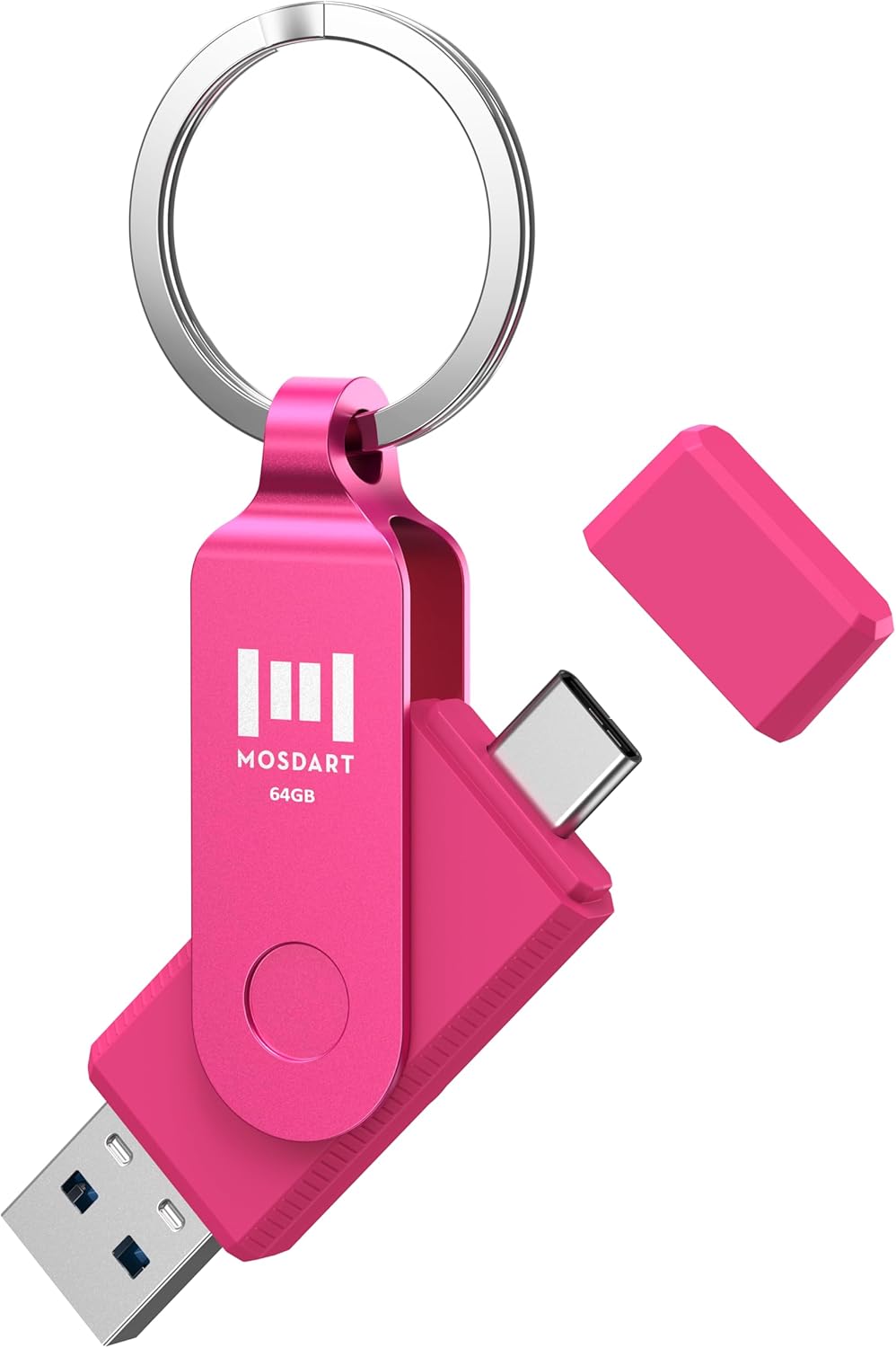 mosDART 64GB 3.2 150MB/S 15, 16 17, Dual USB Type-C Flash Drive, Thumb Drive with Keychain and LED Light, exFAT Memory