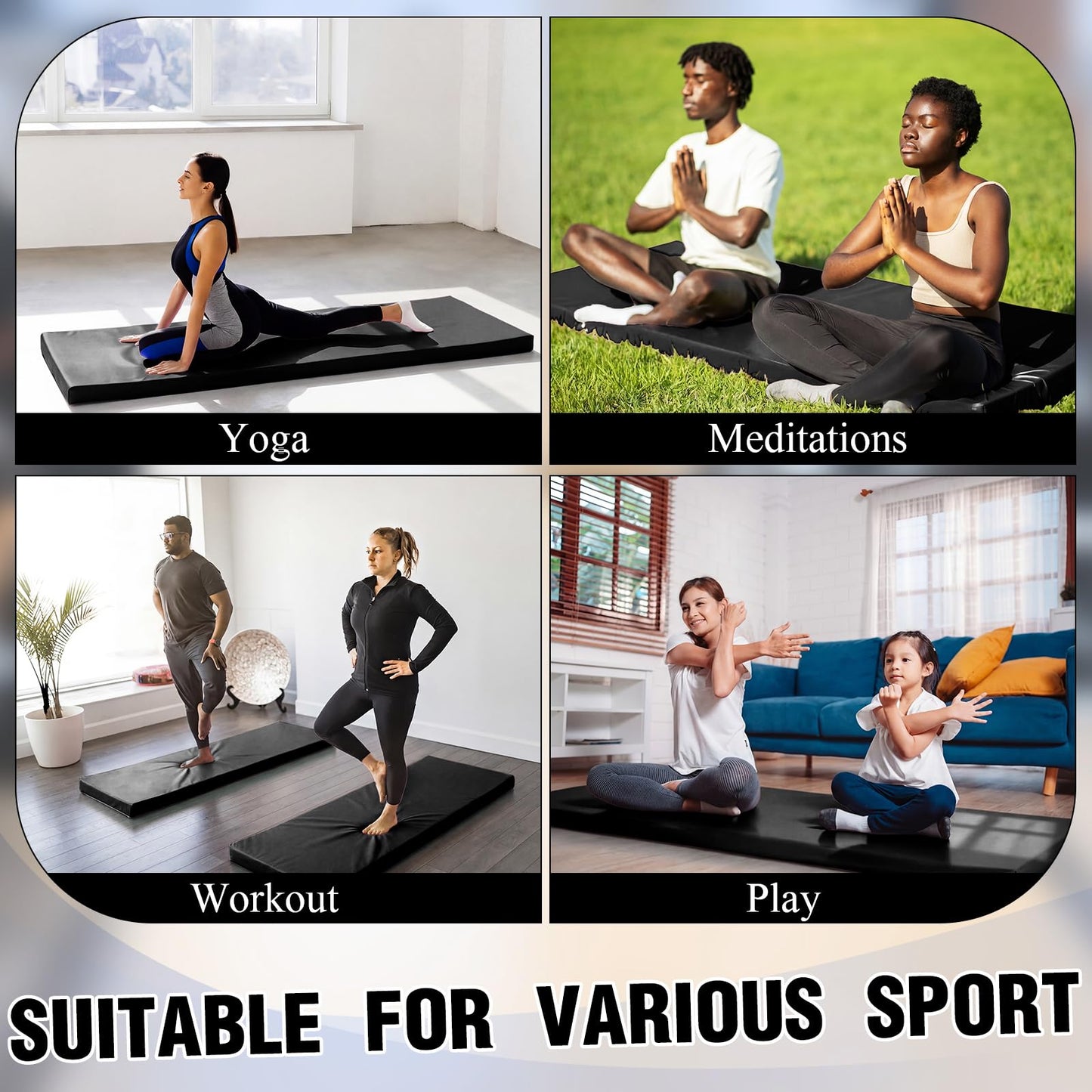 Lyrow 3 Inch 72"x 24" Thick Foldable Yoga Mat with Carry Strap, Non-slip Portable Foam Gym Mat for Yoga, Pilates and Stretching(Black)