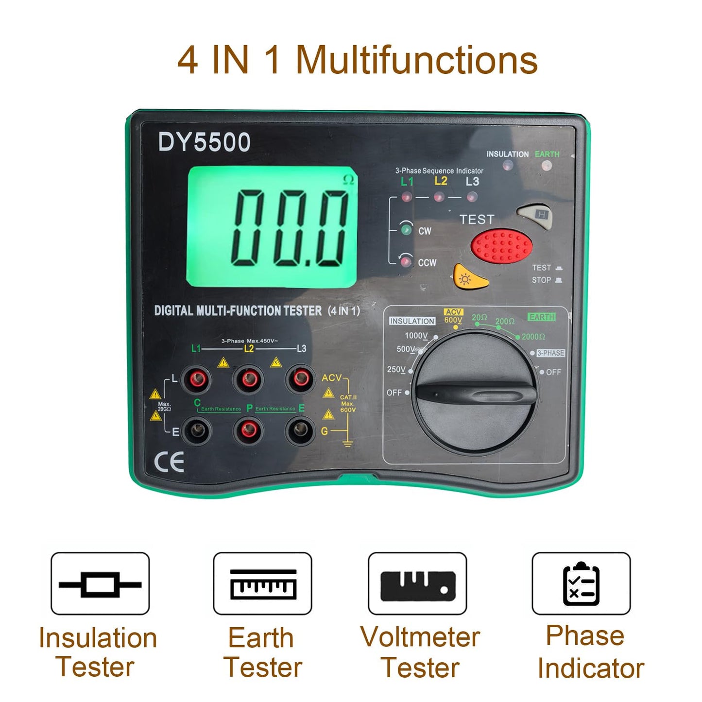 Vanlison 4-in-1 Digital Multimeter with Ground Earth Resistance Tester, Insulation Resistance Tester, Phase Sequence Detector & Voltmeter - 0.01Ω Resolution 600V AC/DC Voltage Measurement Auto-Ranging