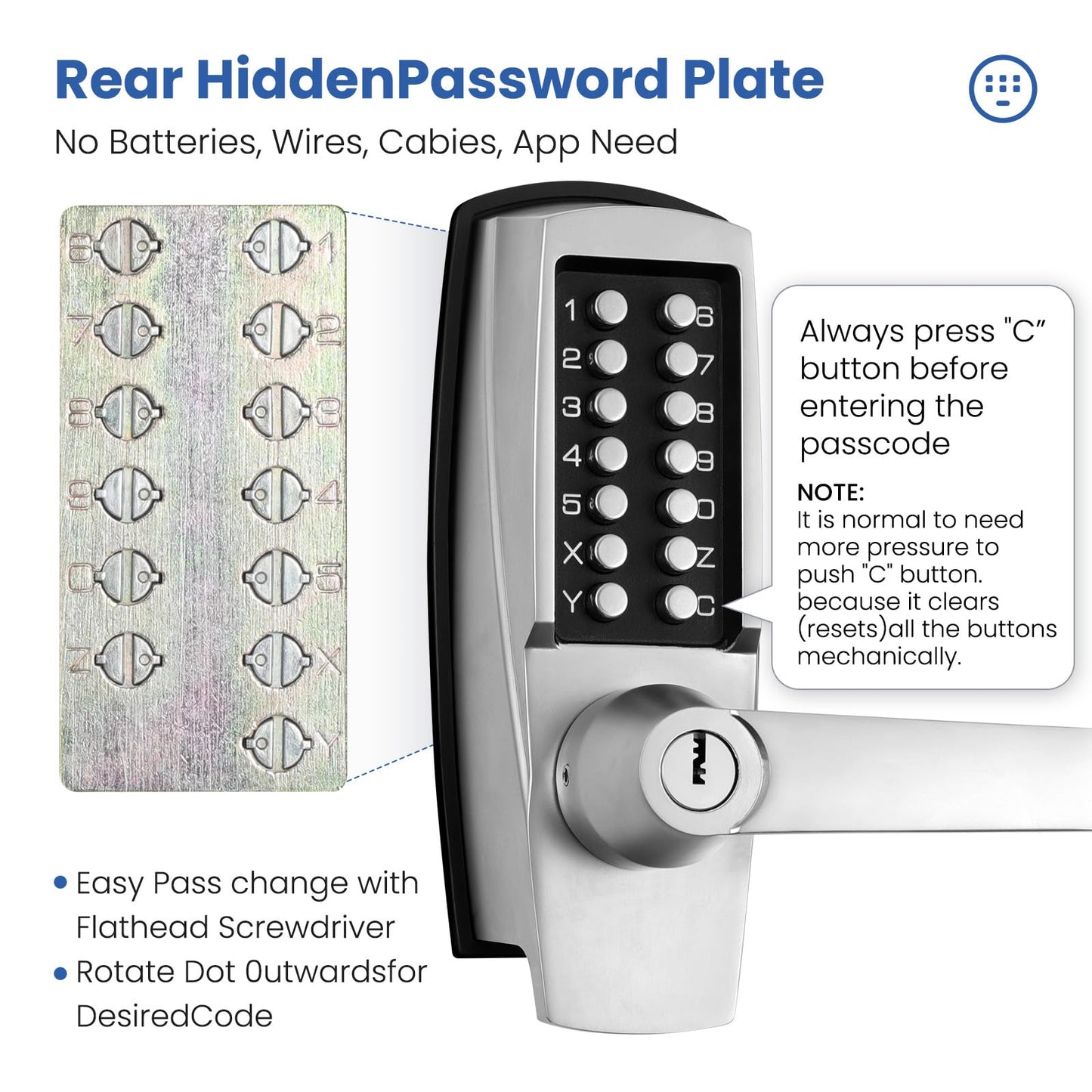 LVOZ Keyless Entry Door Lock with Handle - Mechanical Door Lock 100% Without Batteries - Easy to Install & Use - Keypad Lock on Zinc-Alloy, Water and Sun Proof for Indoor or Outdoor