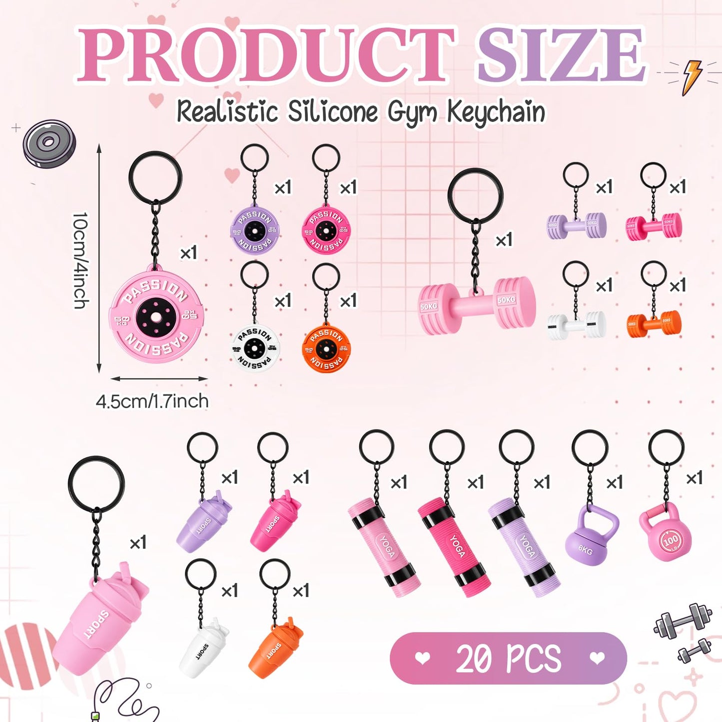 Tondiamo 20 Pcs Gym Keychain Bulk Weight Fitness Gifts Barbell Dumbbell Kettlebell Bottle Keychain for Women Men Gym Lover(Pink & Purple,Dreamy Macaron)