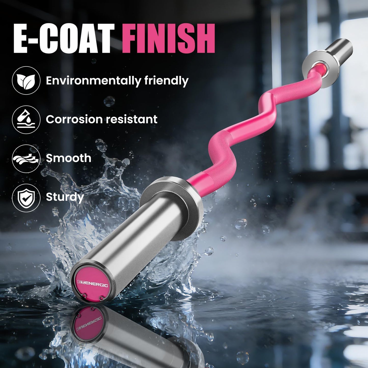 E.T.ENERGIC 47" Olympic EZ Curl Bar - 500lb Capacity, Pink Shaft & Sliver Chrome Sleeves, Knurled Grip - 2" Plate Compatible for Weightlifting, Strength Training, Home & Commercial Gyms