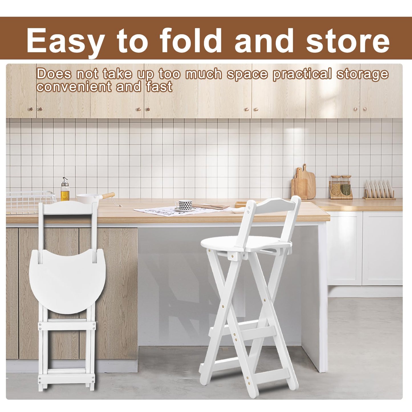 Yuxitia Folding Bar Stool Kitchen24 inch Folding Kitchen Counter Chair Portable Wooden Bar Stool Outdoor Shop Kitchen Restaurant Coffee Stool 1 (White)