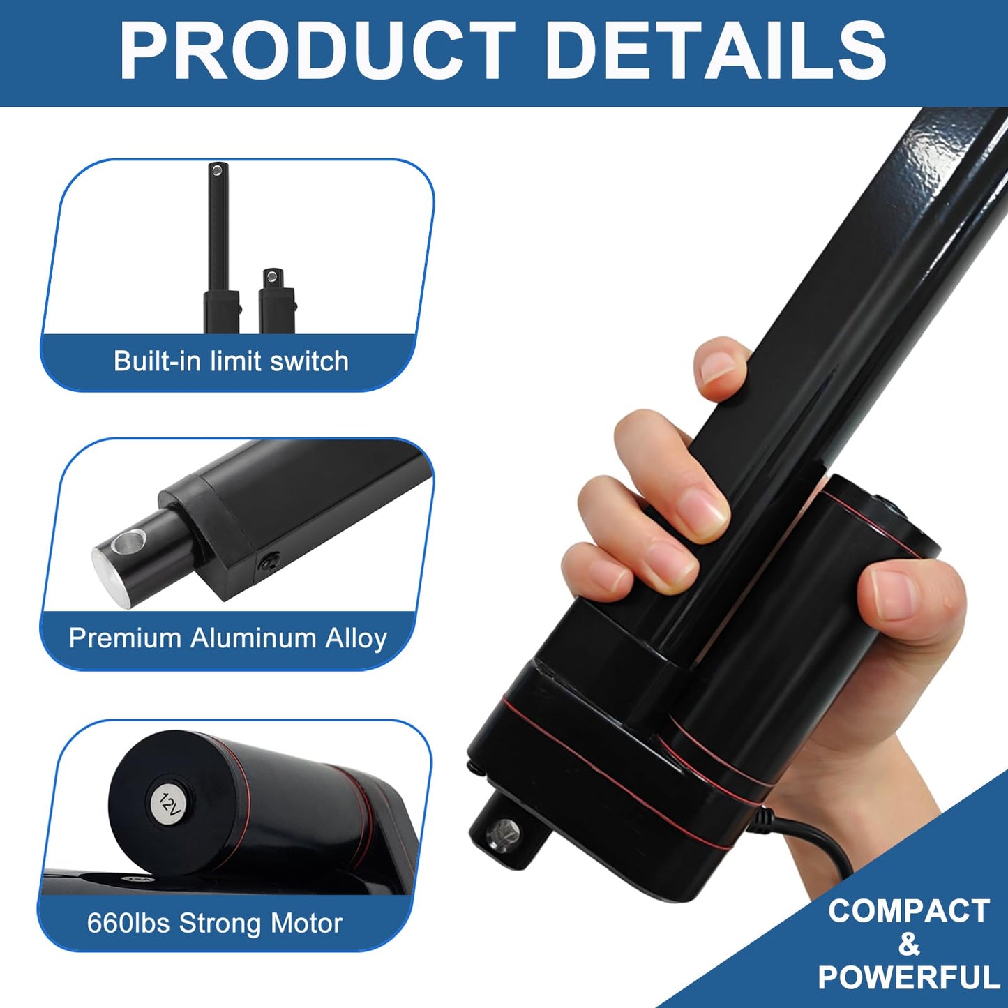 JQDML 12V Heavy Duty Linear Actuator - 4 Inch Stroke, 660lbs/3000N, 0.2"/s Speed, IP65 Waterproof with Mounting Brackets, for Cabinet, Window/Door Opener, Solar Tracker, Marine & RV Equipment
