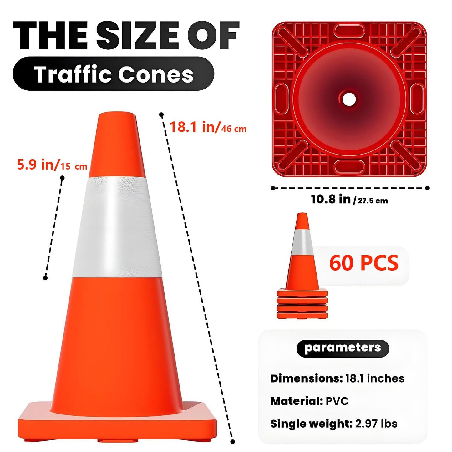 Traffic Cones, 18 Inch Safety Cones with Reflective Tape and Weighted Base, Collapsible PVC Orange Cones, Parking Cones for Construction Zone, Parking Lot and Event Barricade (60 Pack)