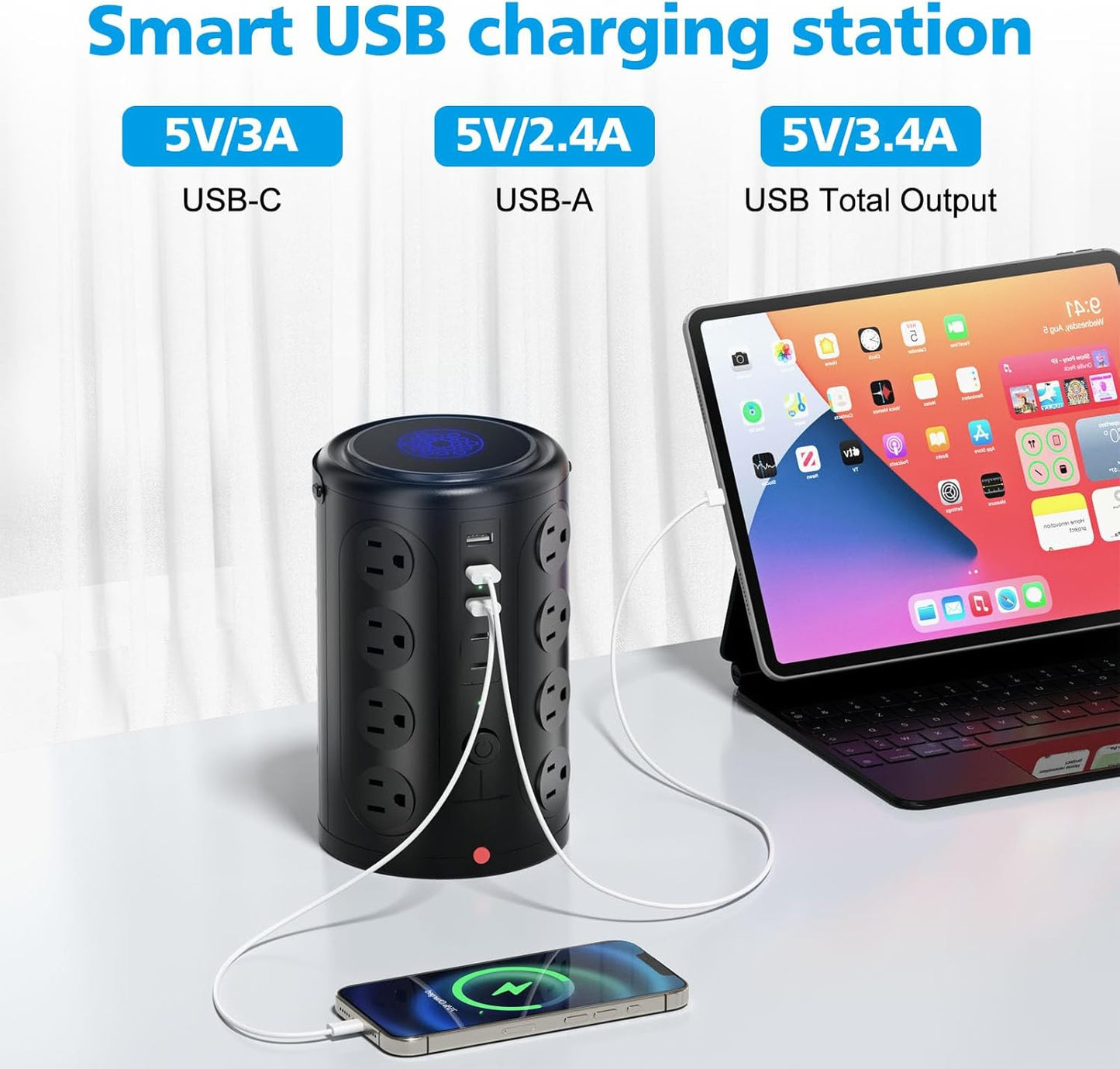 UWIWUTEI 16 5 (2 6FT Tower Power Strip Surge Protector with Outlets and USB Ports USB-C), Extension Cord with Multiple