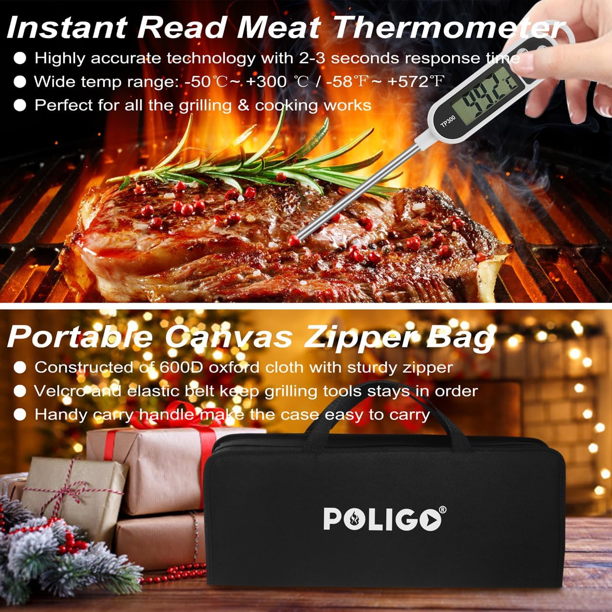 POLIGO BBQ Grill Accessories Set - 29 PCS Stainless Steel Tools with Storage Bag | Perfect Grilling Gifts for Men, Black